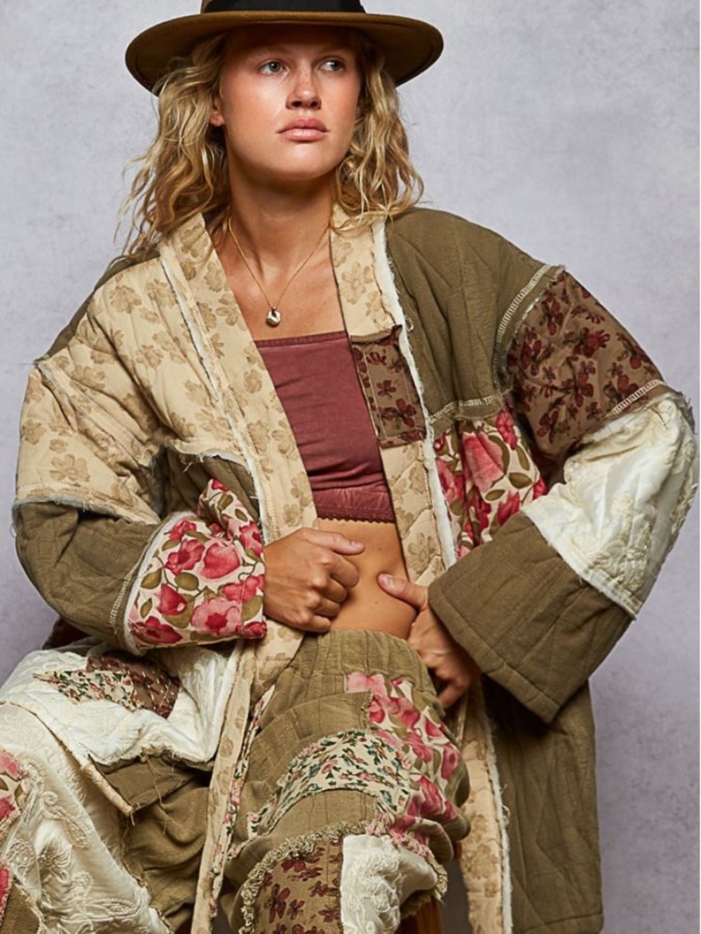 POL Floral Print Color block Reverse Stitch Loose Fit Cotton jacket